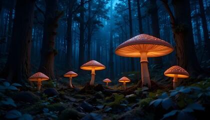 Fototapeta premium Nighttime Glowing Mushrooms in a Dark Forest