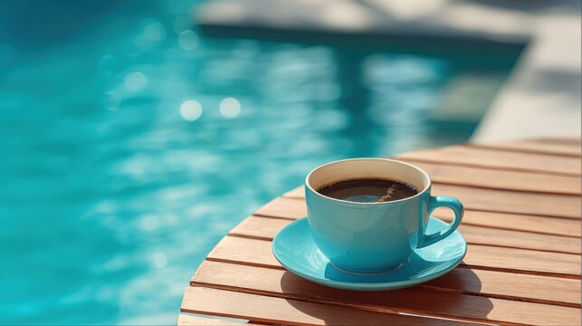 Blue coffee cup poolside