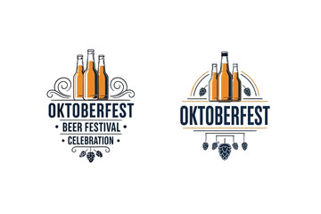 Two variations present the Oktoberfest celebration with beer bottles and hops on white