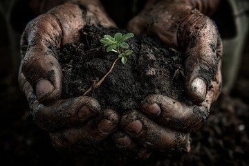 Weathered hands cradle seedling sprouting from rich soil, hopeful beginning takes root