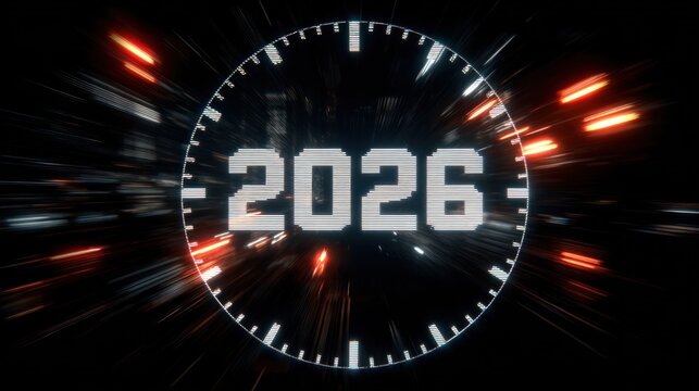 Digital clock face, 2026, with motion blur - Powered by Adobe