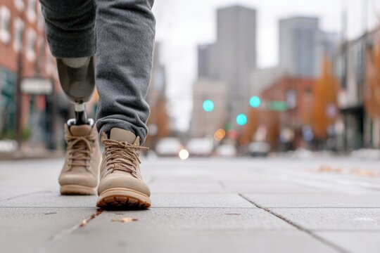 Close-up of walking prosthetic leg on city street