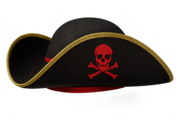 Black pirate tricorn hat with red skull and crossbones showing power and danger on transparent background