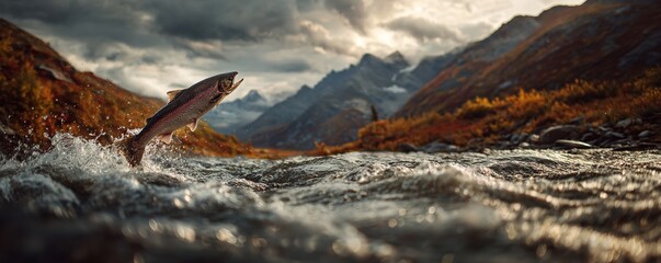 Cinematic Shot of a Salmon Leaping from River with Autumn Foliage and Mountain Background in Nature Landscape