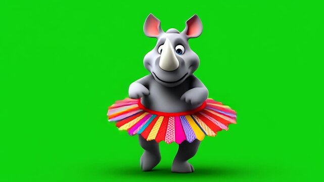 Adorable Cartoon Rhino in Colorful Tutu Dancing on Green Screen