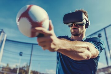 Person uses virtual reality headset to practice baseball skills outdoors on a sunny day