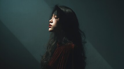 Fototapeta premium Ethereal Silhouette: An Asian woman is caught in a moment of introspection, her profile softly illuminated against a dark backdrop.