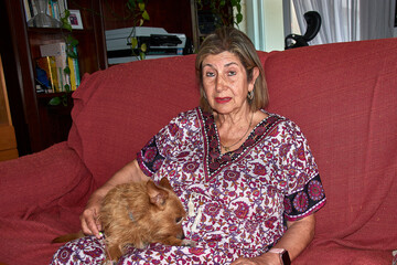 A heartwarming scene with a grandmother and her red-haired dog demonstrating unity and affection in the living room of a family home.