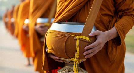 Close-up focus on an alms bowl held by a Buddhist monk walking during morning alms round, orange robe slightly visible in soft background, early morning sunlight, gentle and respectful atmosphere, cin