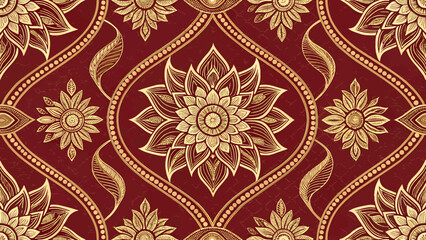 Thai traditional seamless pattern, golden lines on deep red background, symmetrical ornamental motifs, elegant and luxurious.
