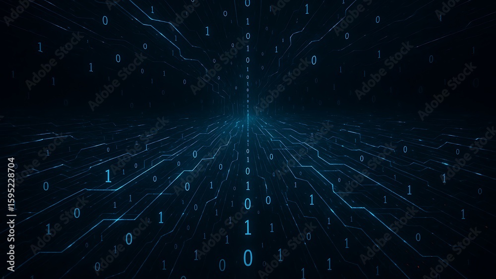 Wall mural abstract digital network with glowing blue lines and binary code on a dark background