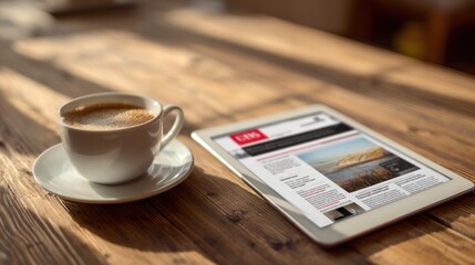 Digital news on tablet, coffee cup on rustic table