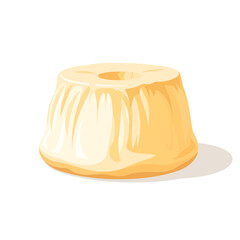 An illustration of a sweet, round, flan-like dessert with a hole in the center, casting a shadow.