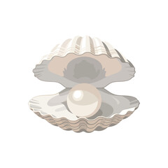 An open clam shell revealing a lustrous, spherical pearl.