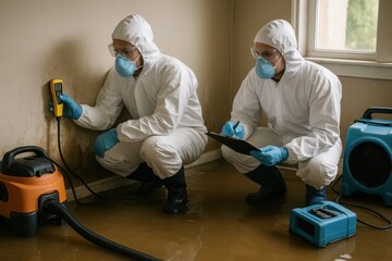 Emergency flood response team assessing water damage in residential property with professional equipment