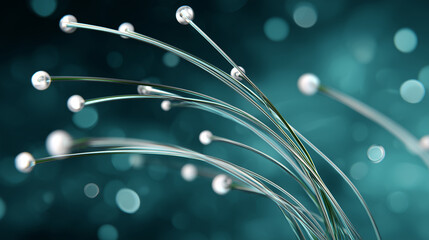 Close-up View of Delicate Strands Intertwining With Shimmering Spheres in a Mystical Blue Atmosphere