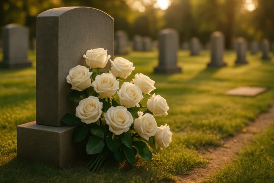 Elegant white rose memorial arrangement on peaceful cemetery grounds during golden hour lighting