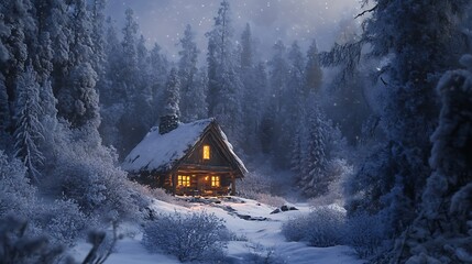 Cozy Wooden Cabin Nestled in a Peaceful Snowy Forest Scene








