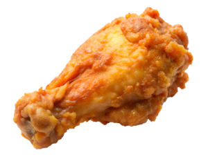 Photo of a single, mouthwatering fried chicken wing, coated in a perfectly seasoned, crispy batter and fried to a deep golden hue, isolated on white isolated on transparent background