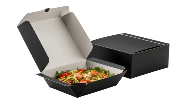 A black food box with salad isolated on transparent background