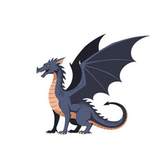 A majestic dark-grey dragon with outstretched wings, poised and alert, displays its powerful presence.