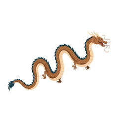 Fototapeta premium Illustration of a brown, serpentine Chinese dragon with flowing whiskers and a blue-tipped tail, isolated on a white background.