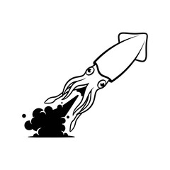 A cartoon squid propelling itself through water, leaving a dark ink trail.