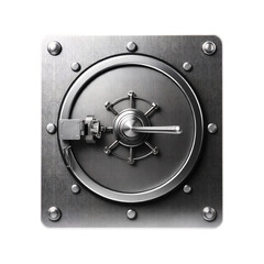 A close up view of a large metal vault door with a complex locking mechanism visible on transparent background
