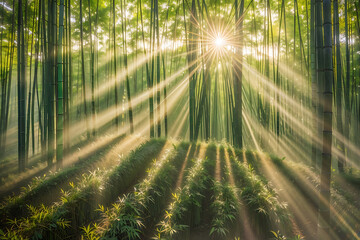 Golden sunlight filters through the bamboo forest, creating a mesmerizing display of light and shadow on the forest floor