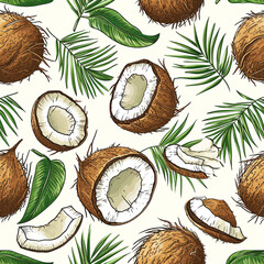 Seamless pattern coconut whole, halves, parts, leaves 