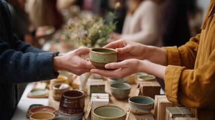 Ceramic pottery exchange at a craft fair featuring unique handmade pieces and joyful interactions