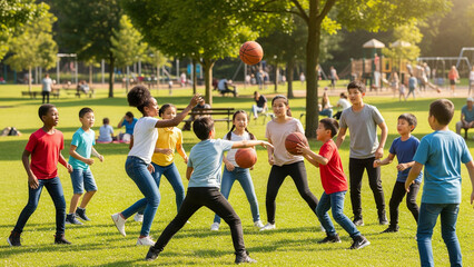 Children and teens of diverse backgrounds playing team sports together in a green city park