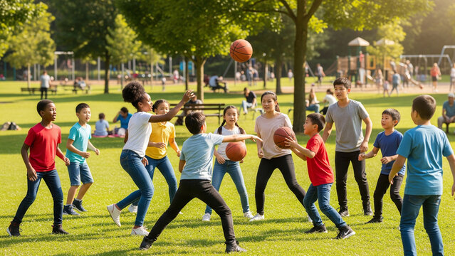 Children and teens of diverse backgrounds playing team sports together in a green city park - Powered by Adobe