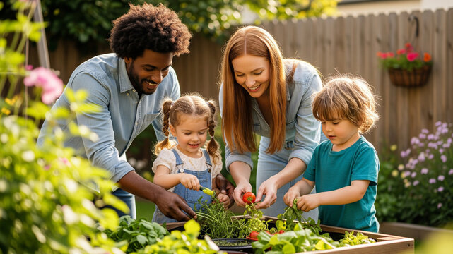 Family harvesting herbs and vegetables together in a backyard planter box - Powered by Adobe