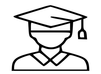 Simple black line drawing of a person wearing a graduation cap and gown, representing education.