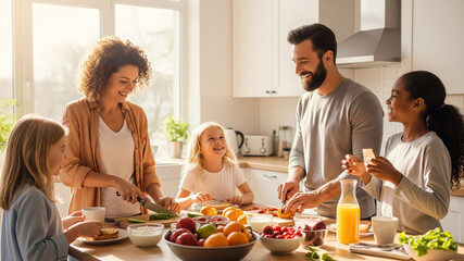 A diverse family enjoying a healthy breakfast together in a bright, sunlit kitchen