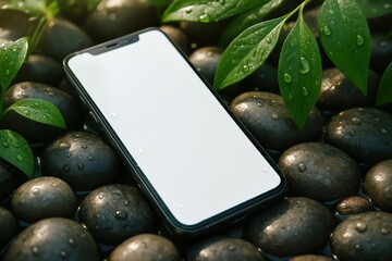 Smartphone with Blank Screen on Wet Black Stones and Green Leaves