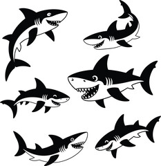 Fototapeta premium Group of happy cartoon shark silhouettes silhouette