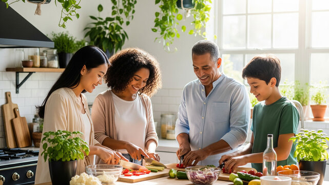 Diverse family preparing healthy homemade meals together in a bright plant-filled kitchen - Powered by Adobe