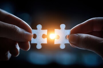 Two hands hold puzzle pieces, light shining between