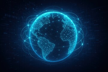 Illuminated digital world globe displaying global connectivity and international business network connections