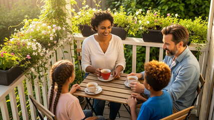 Diverse family enjoying mindful tea time on the porch in the morning sunlight