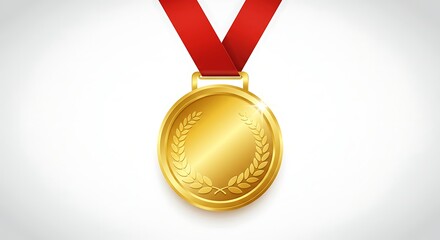 Gold medal with red ribbon isolated on white, a symbol of victory and achievement for the first-place champion in sport