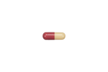 A single red and white antibiotic capsule pill, a common prescription drug for infection treatment. Macro of a pharmaceutical medicine, isolated on white background with clipping path.