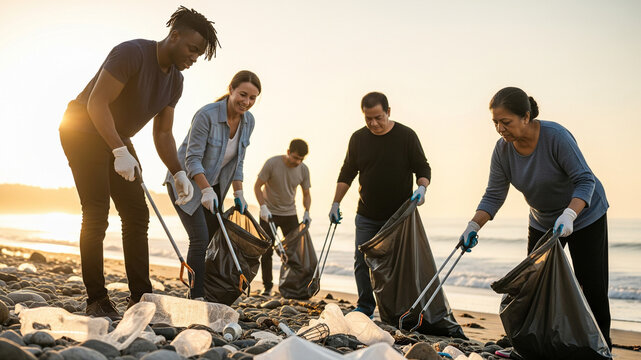 Volunteers cleaning up beach plastic waste together during sunrise for environmental awareness