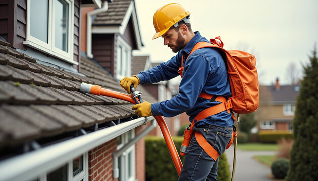 Man cleaning gutters with a scoop and ladder while focused outdoors  