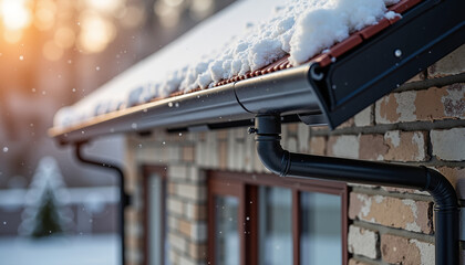 Naklejka premium Snow-covered roof with gutter and downspout during sunset 