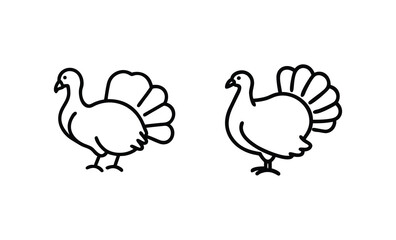 Two simple line art turkeys facing opposite directions with fanned tails