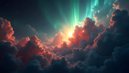 Fototapeta premium Ethereal Aurora Borealis Illuminating a Dreamlike Sky of Fluffy Clouds at Sunset Creating a Majestic Atmosphere