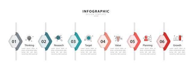 Infographic template vector design. 6 Step timeline journey, Flat simple infographics design template. presentation graph. Business concept with numbers 6 options or steps vector illustration.